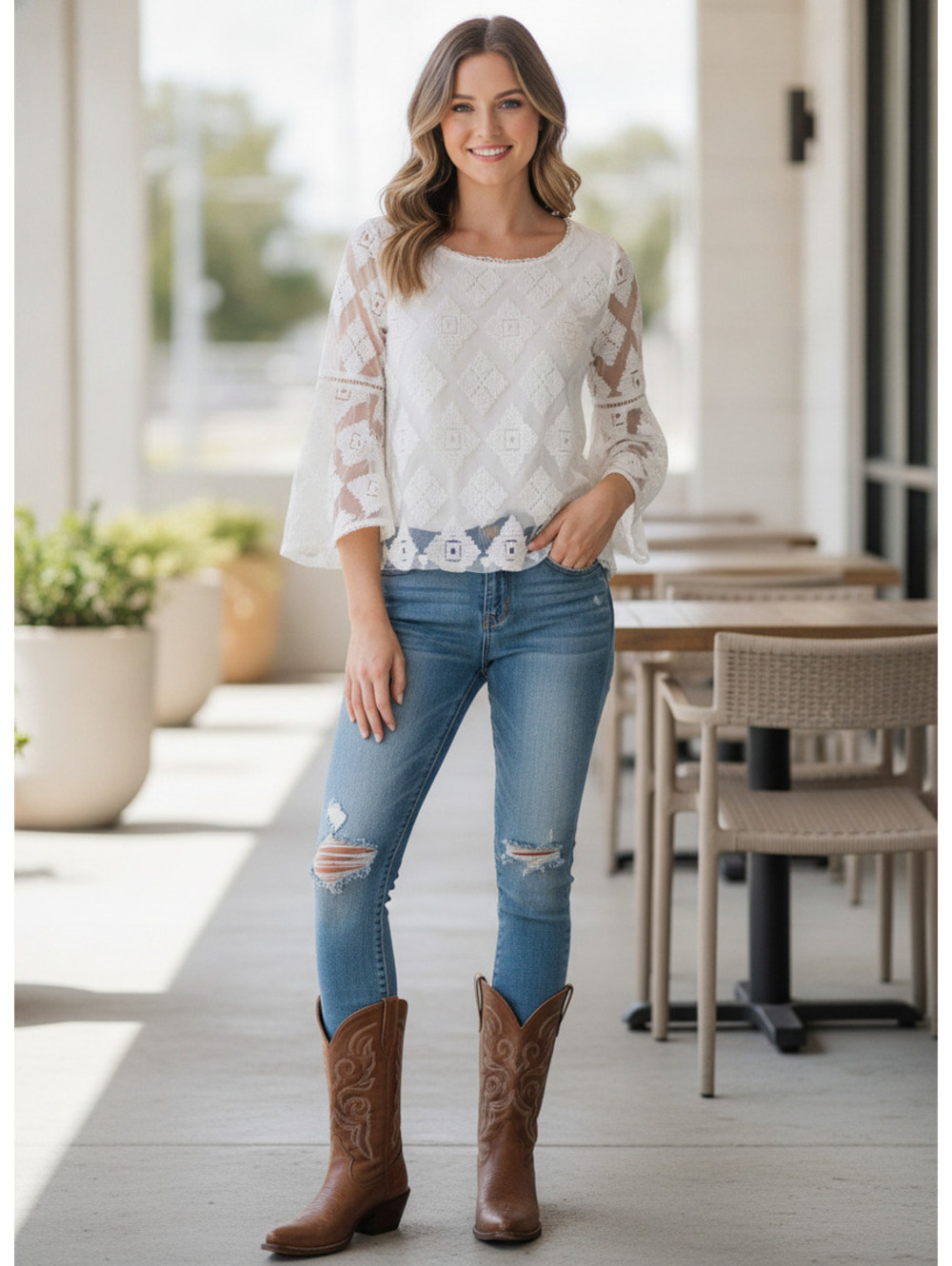 1558 - Shyanne White Lace Bell Sleeve Blouse, Size XS
